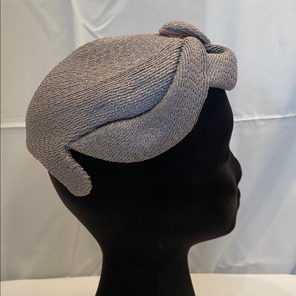 Vintage 1940s/50s Women's Silver Textured Knit Hat Cap Beret Straw, Karen Design - Picture 2 of 6